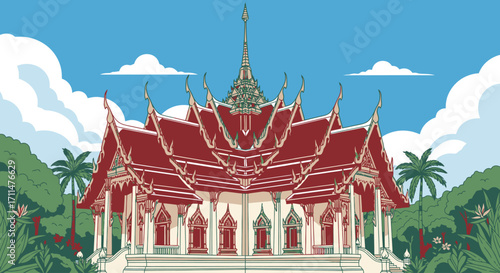 Exquisite Thai Temple Vector Illustration for Travel Brochures and Cultural Heritage Presentations, Showcasing Southeast Asian Architecture and Tropical Scenery