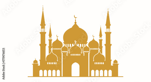 Golden Mosque Silhouette Illustration Depicting Architectural Grandeur and Spiritual Significance for Cultural and Religious Backgrounds