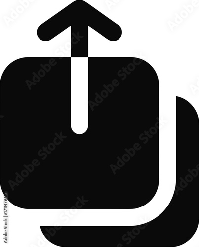 Black upload icon with arrow pointing out of a box on white background Keywords: upload, icon, arrow, out, share, send, data