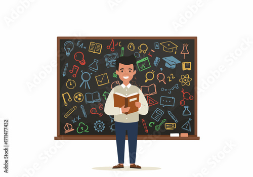 Cartoon illustration of a smiling teacher holding a book, standing in front of a blackboard filled with colorful educational doodles.