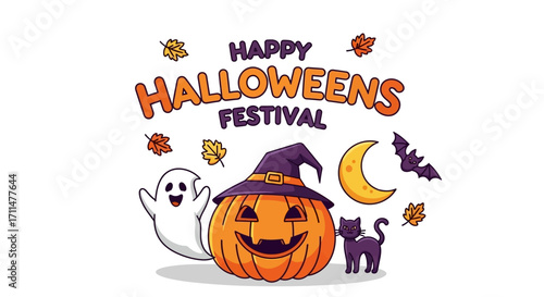Joyful Halloween festival with a friendly ghost, grinning pumpkin, and playful black cat under a crescent moon.