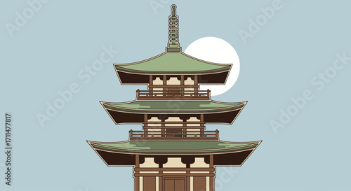 Serene depiction of a traditional Japanese pagoda with a minimalist style, ideal for showcasing cultural heritage, tourism, or architectural design projects.
