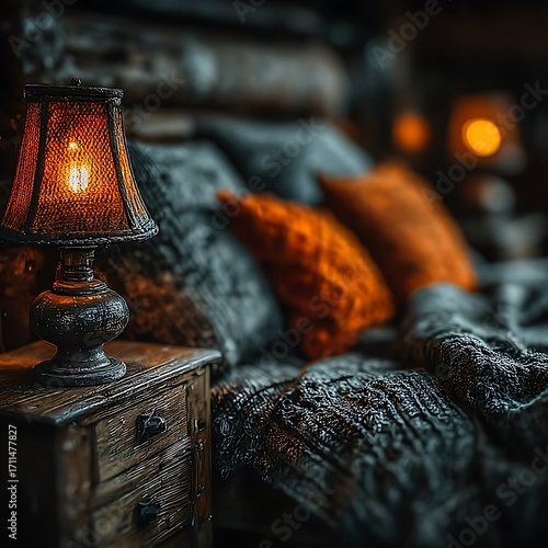 Cozy Bedroom Ambiance: A warmly lit lamp casts a soft glow over a meticulously arranged bed, complete with plush pillows and inviting textures, creating an atmosphere of comfort and serenity.