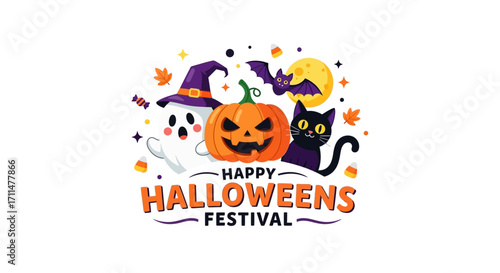 Whimsical Halloween characters, including a ghost, jack-o'-lantern, and black cat, celebrate a festive holiday event.