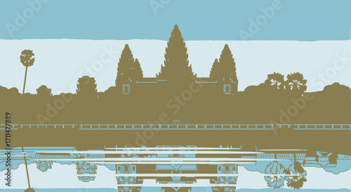 Angkor Wat Silhouette Illustration Reflecting on Water, Representing Cambodian Heritage and Cultural Tourism, Suitable for Travel Publications and Historical Documentaries