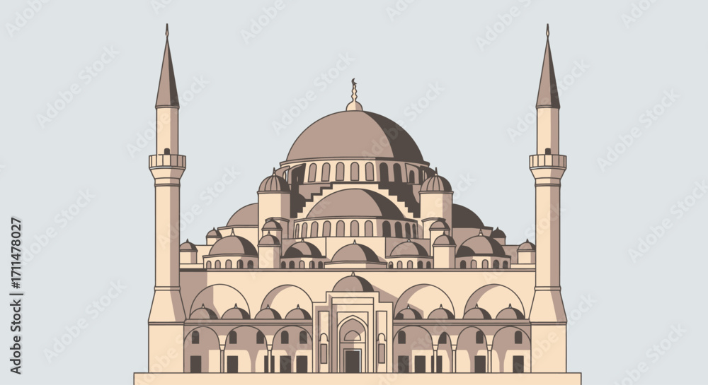 Fototapeta premium Serene Mosque Architecture Illustration Depicting Cultural Heritage and Islamic Design. Suitable for educational materials, architectural studies, or faith-based content.