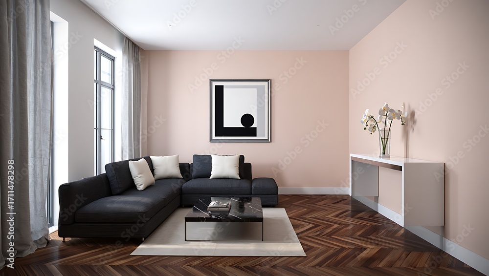Fototapeta premium Modern living room with dark sectional sofa and pink walls