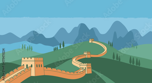 Illustration of the Great Wall of China winding through a mountainous landscape, suitable for educational materials, travel brochures, or cultural presentations