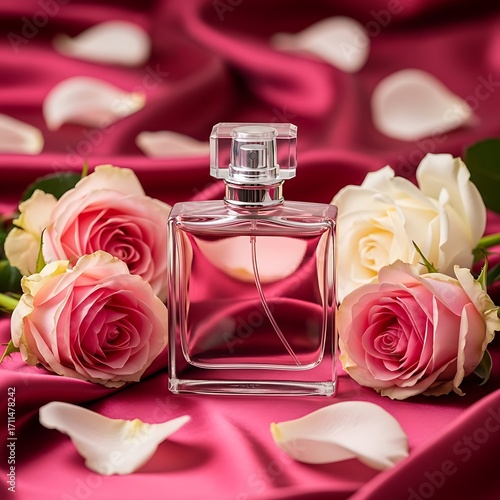 Elegant Perfume Bottle Surrounded by Roses.