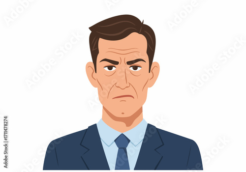 Portrait of a serious, middle-aged man in a suit with furrowed brows and a concerned expression.