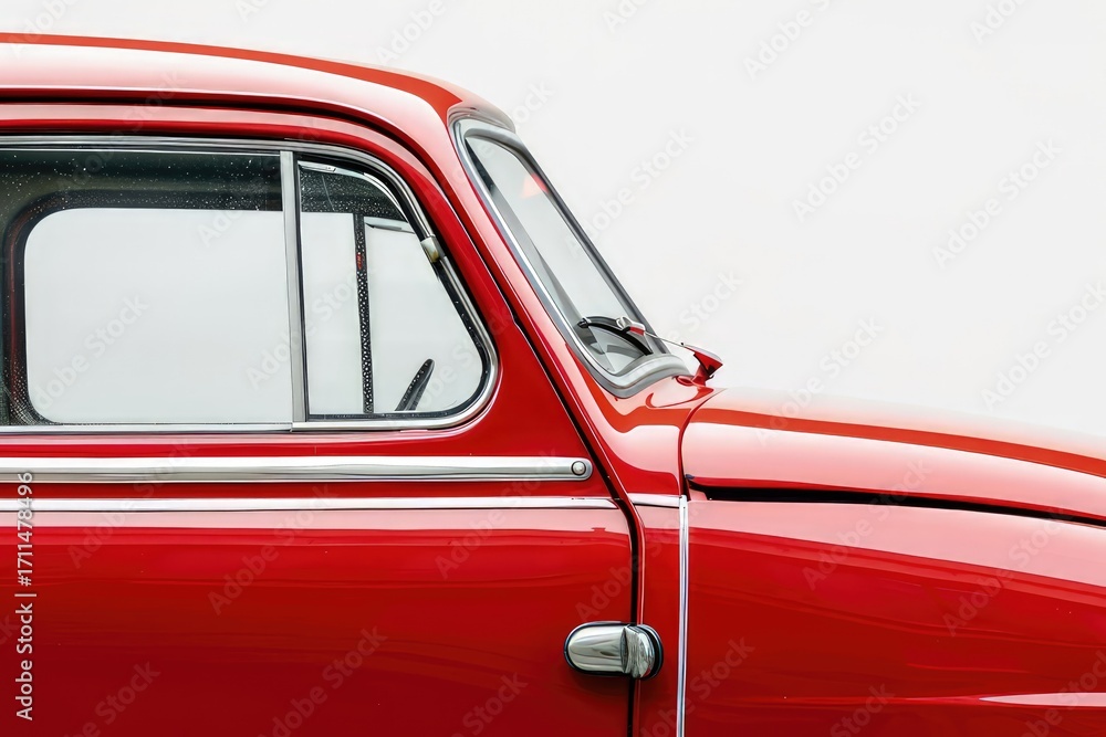 Fototapeta premium A close-up view of a vintage red car's side profile, showcasing its classic design elements.