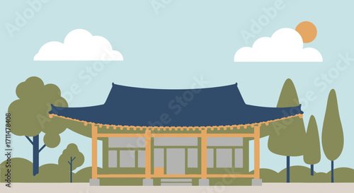 Serene Traditional Korean Architecture Illustration Featuring a Temple or Pavilion Under a Sunny Sky, Ideal for Cultural and Educational Materials