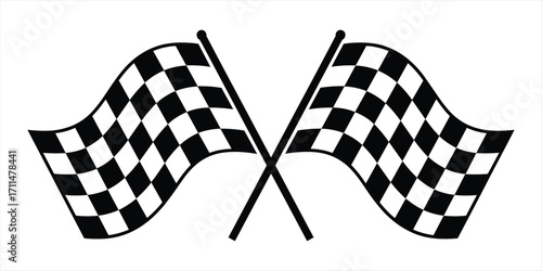 Two Waving Checkered Flags Crossed on White Background Keywords: checkered flag, racing flag, finish line, start line, motorsport