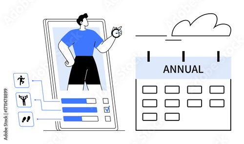 Person interacting with fitness tracking app featuring progress bars and exercise icons, next to annual calendar for scheduling and goal planning. Ideal for fitness, health, progress, organization