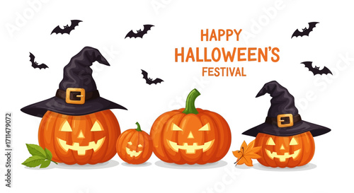 Whimsical jack-o'-lanterns with witch hats celebrate a happy Halloween festival with flying bats.