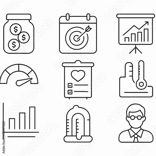 A clean collection of line art icons representing business, finance, health, and data analysis concepts, perfect for digital design projects.