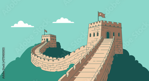 Illustrated Great Wall of China on Green Hills under a Turquoise Sky, Displaying Historic Architecture and a Symbolic Landmark for Travel and Cultural Exploration