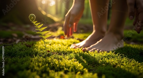 A serene moment of human connection with nature, as bare feet stand on sun-drenched moss near a delicate new fern sprout