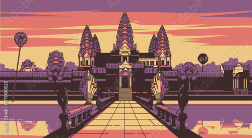 Retro Pixel Art Illustration of Ancient Temple Complex at Sunset, Evoking Nostalgia and Adventure for Game Design and Travel Promotion.