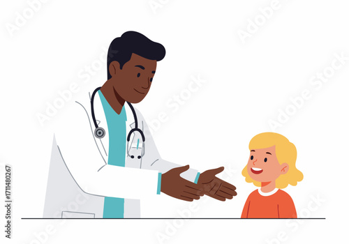 A friendly Black male doctor in a white coat greets a young blonde girl patient with open arms.