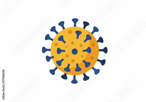 Illustration of a yellow coronavirus with blue spikes against a white background, representing a pathogen.