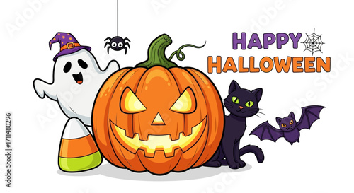 Spooky and festive Halloween characters celebrate with a grinning pumpkin and happy ghost