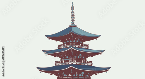 Traditional Japanese Pagoda Illustration with Multi-Tiered Roofs and Intricate Details for Cultural Presentations and Architectural Studies