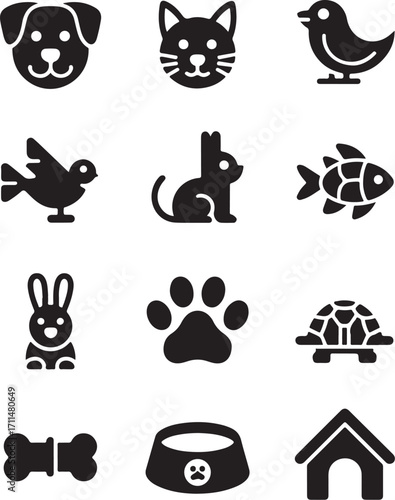 Adorable pet icons, paw prints, and house for happy animals