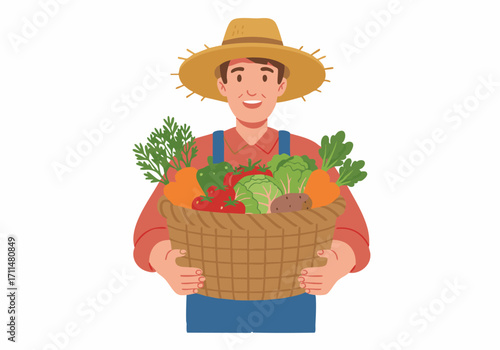 A smiling farmer wearing a straw hat holds a woven basket filled with freshly harvested vegetables.