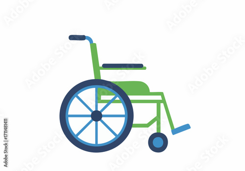 A simple, flat vector illustration of a green and blue wheelchair on a white background.