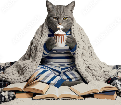 Cozy cat wearing pajamas and blanket drinking from a mug surrounded by books