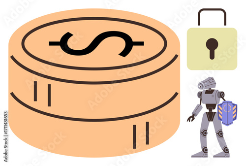 Large dollar coin, lock signifying security, and robot with digital shield symbolize financial safety, AI, technology integration. Ideal for fintech, cybersecurity, automation, digital