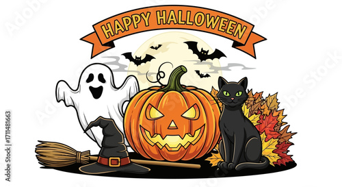Spooky Halloween scene with a grinning pumpkin, friendly ghost, black cat, and witch hat under a full moon.