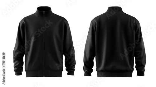 Front and back view of a black track jacket isolated on transparent background