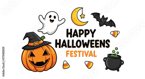 Joyful Halloween festival elements including a grinning pumpkin, friendly ghost, and playful bat