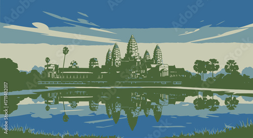 Angkor Wat Pixel Art Landscape Reflection - Depicting Cambodian Heritage for Educational Content and Travel Brochures.