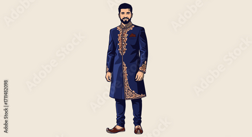 Elegant Indian Groom in Traditional Sherwani for Wedding Attire and Cultural Fashion Showcase. Ideal for showcasing cultural events, fashion design, or wedding planning resources.