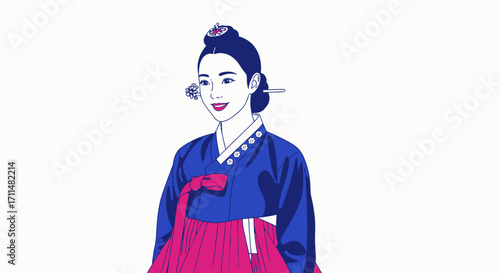 Elegant Illustration of a Woman in Traditional Korean Hanbok Dress Portraying Cultural Heritage and Historical Significance for Cultural Projects and Educational Resources