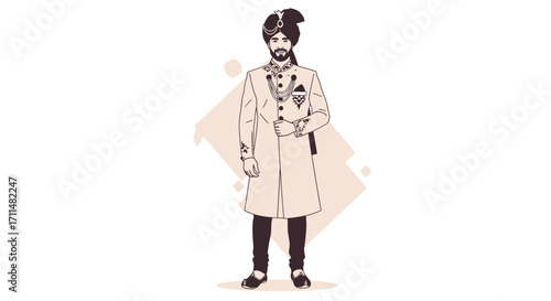 Elegant Indian Groom Illustration in Traditional Sherwani Attire for Wedding Invitations and Cultural Event Promotions.