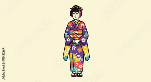 Elegant Japanese Geisha Illustration in Traditional Kimono for Cultural Education and Artistic Design Projects