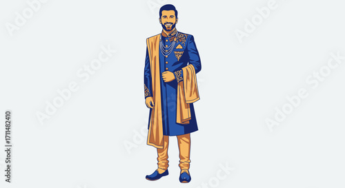 Elegant Indian Groom in Traditional Sherwani Attire, Royalty Wedding Outfit for Cultural Celebrations and Festive Occasions, Suitable for Fashion and Design Projects