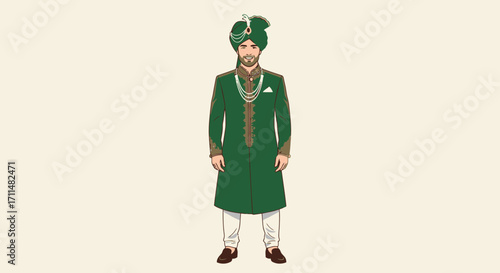 Elegant Green Sherwani Illustration Showcasing Traditional Groom Attire for Cultural Events and Wedding Design Projects