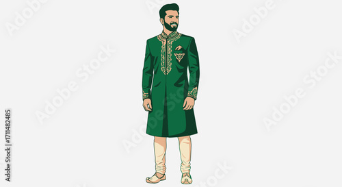 Elegant Indian Wedding Attire Illustration: Depicting a Groom in Traditional Sherwani for Cultural Event and Fashion Design Projects