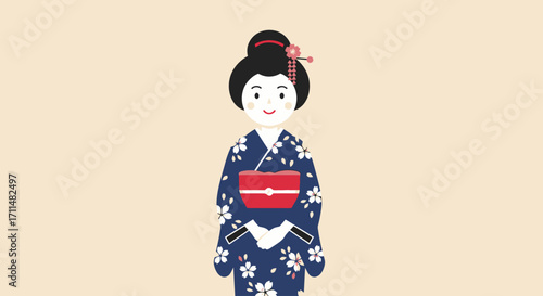 Elegant Japanese Geisha Illustration in Traditional Kimono for Cultural Representation and Educational Material and Design Projects on Japanese Culture.