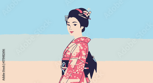 Elegant Japanese Woman in Traditional Kimono Illustration for Cultural Tourism and Fashion Design Projects with a focus on heritage and artistic expression.