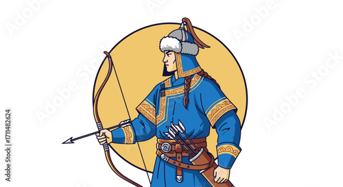Illustrative depiction of a Mongolian warrior archer in traditional attire, ideal for historical education, cultural representations, and fantasy game design