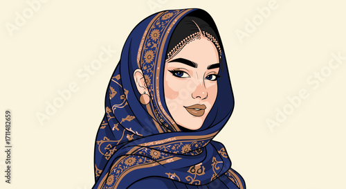 Elegant Portrait of a Woman in Traditional Hijab with Intricate Gold Detailing, Suitable for Cultural, Fashion, and Empowerment Campaigns