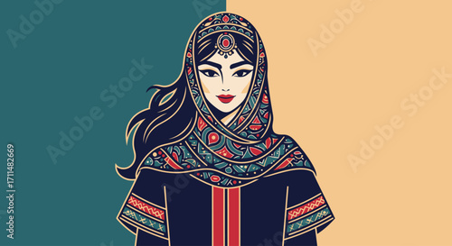 Elegant Woman in Traditional Middle Eastern Dress with Intricate Floral Pattern, Ideal for Cultural Events, Fashion Design and Promoting Diversity
