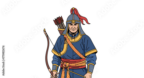 Illustration of a Medieval Asian Warrior Archer in Traditional Armor, Ideal for Historical Documentaries, Educational Materials, and Fantasy Game Art