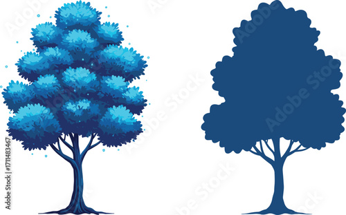 Magical glowing blue fantasy tree illustration, vibrant foliage, silhouette version, mystical nature art, surreal forest design, enchanted botanical concept